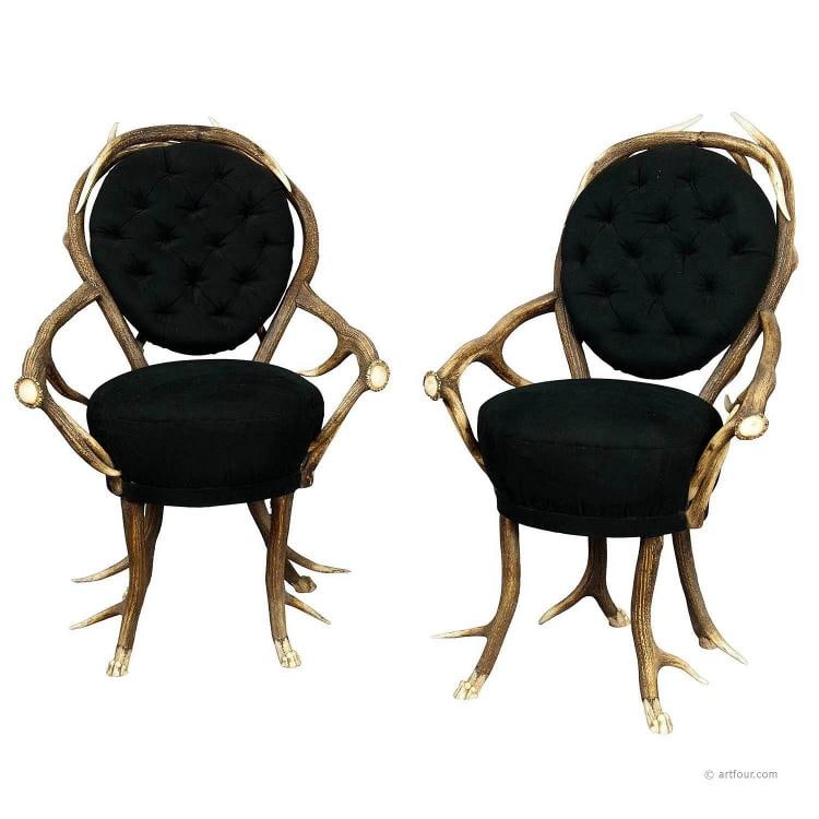Pair of rare Antler Parlor Chairs, French ca. 1860: Condition: Used,Color: Brown,Item Height: 37.40,Item Length: 24.80,Item Width: 22.05,Type: Chair,Antique: Yes,Brand: Unbranded,Country of Origin: France The two very rare antler parlor chairs are made