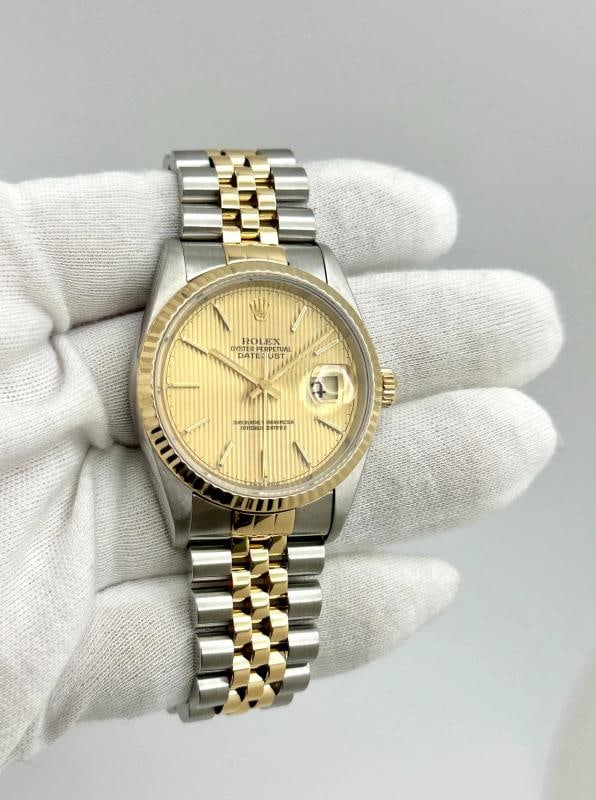 Rolex Datejust 16233 36mm Champagne Tapestry Dial 18k Gold Steel Box Paper - 11