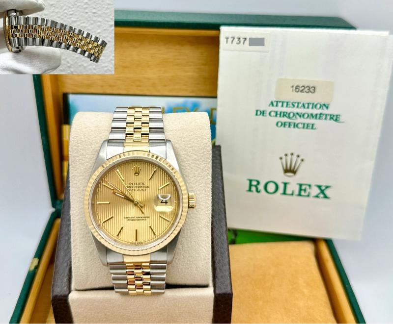 Rolex Datejust 16233 36mm Champagne Tapestry Dial 18k Gold Steel Box Paper: Style Number: 16233 Serial: T737*** Year: 1996 Model: Rolex Datejust Case Material: Stainless Steel Band: 18K Yellow Gold & Stainless Steel Bezel: 18K Yellow Gold Dial: Champagne Tapestry Dial