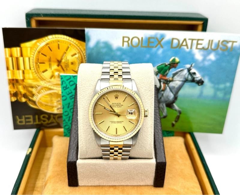 Rolex Datejust 16233 36mm Champagne Tapestry Dial 18k Gold Steel Box Paper - 2