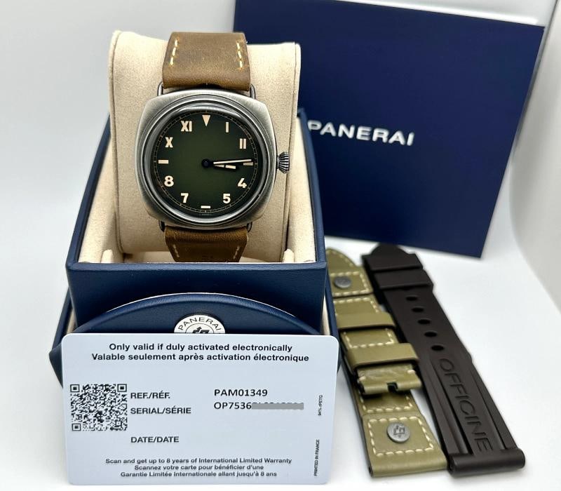 2026 Panerai Radiomir California PAM01349 PAM 1349 Green Dial Steel Box Paper: Style Number: PAM01349 / PAM 1349 Year: 2026 Model: Panerai Radiomir California Case Material: Panerai Brunito Finished Steel Band: Leather with two additional Panerai straps (one green and one black
