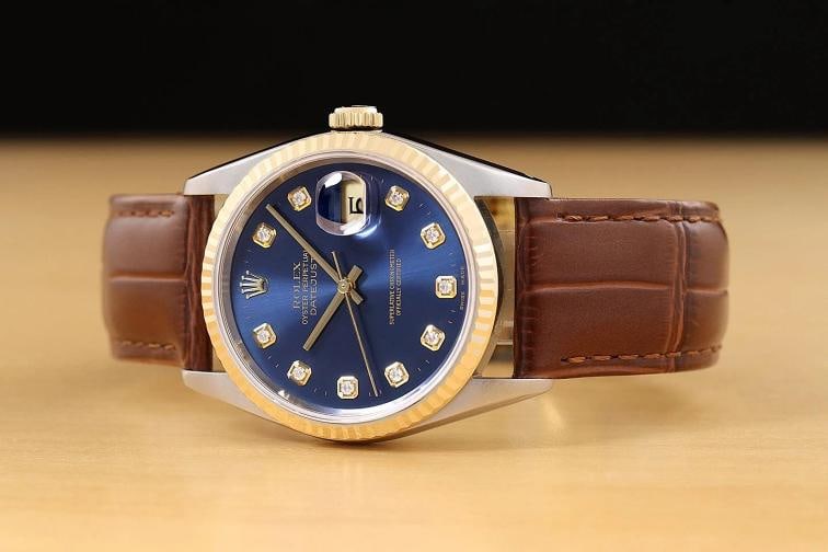 ROLEX DATEJUST 16233 BLUE DIAMOND DIAL 18K GOLD STEEL WATCH w/ LEATHER BAND - 2