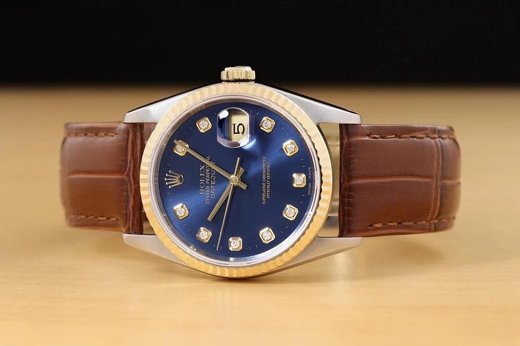 ROLEX DATEJUST 16233 BLUE DIAMOND DIAL 18K GOLD STEEL WATCH w/ LEATHER BAND - 3