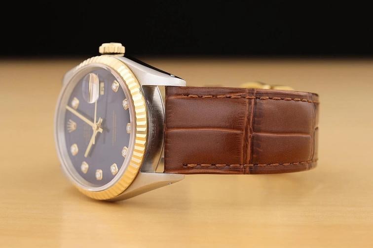 ROLEX DATEJUST 16233 BLUE DIAMOND DIAL 18K GOLD STEEL WATCH w/ LEATHER BAND - 4
