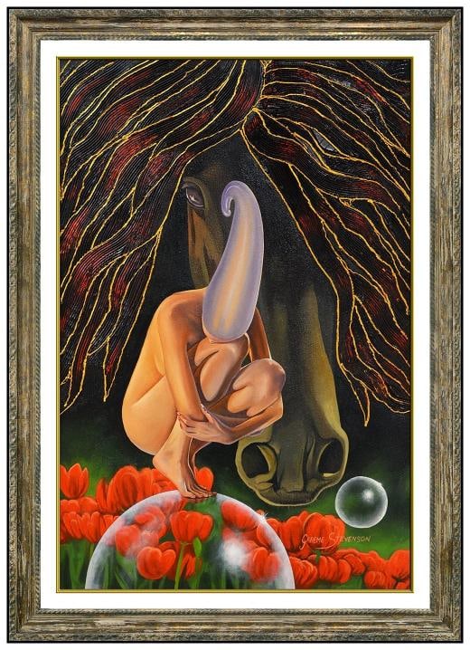Graeme Stevenson Original Oil Painting On Board Surreal Figurative Framed Art: Condition: Used,Artist: Graeme Stevenson,Signed: Yes,Title: Floating Through The Garden Original,Material: Canvas,Certificate of Authenticity (COA): Yes,Item Length: 24 in,Framing: Framed,Region of Or