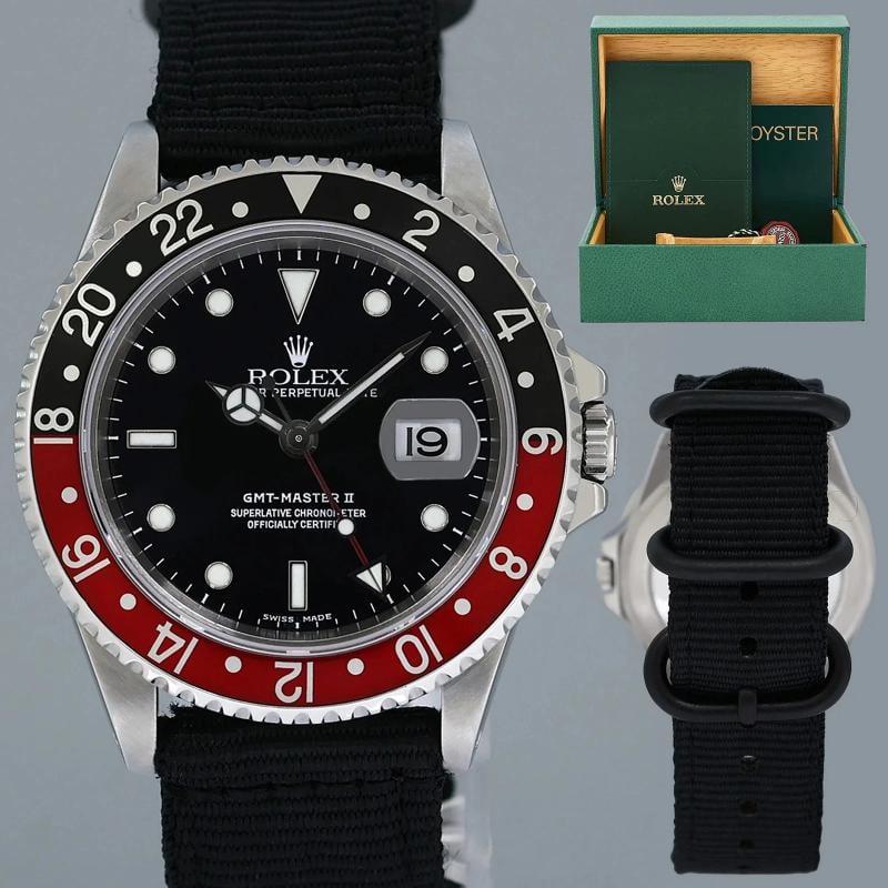 2001 Rolex GMT-Master 2 Coke Black Red 40mm Steel 16710 Nato Watch Box (1 of 7)