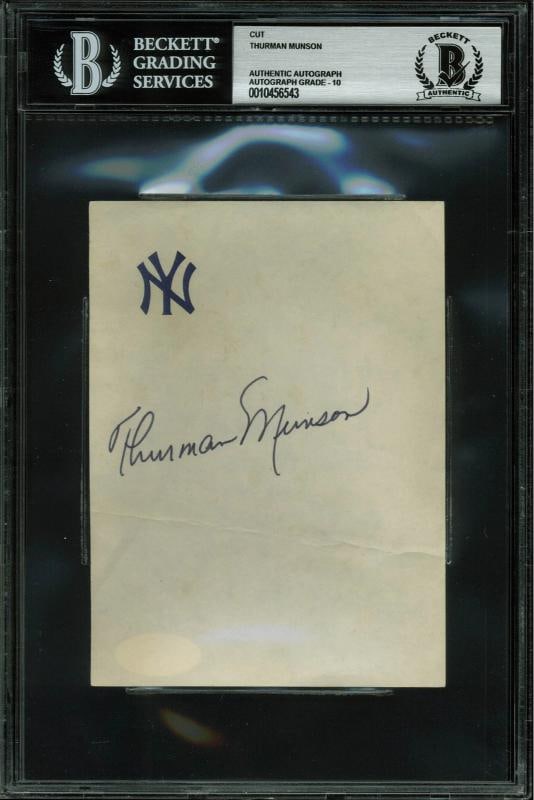 Yankees Thurman Munson Authentic Signed 4x5.5 Cut Auto Graded Gem 10 BAS Slabbed: Product: Not Available,Player: Thurman Munson,Original/Reprint: Original,Autograph Authentication: BAS,Team: New York Yankees,PRODUCT_COA: BAS,PRODUCT_SIGNED_BY_NAME: Thurman Munson,PRODUCT_SIGNED_BY_