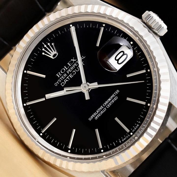 ROLEX MENS DATEJUST 16014 18K GOLD STEEL BLACK DIAL BLACK LEATHER BAND WATCH (1 of 10)