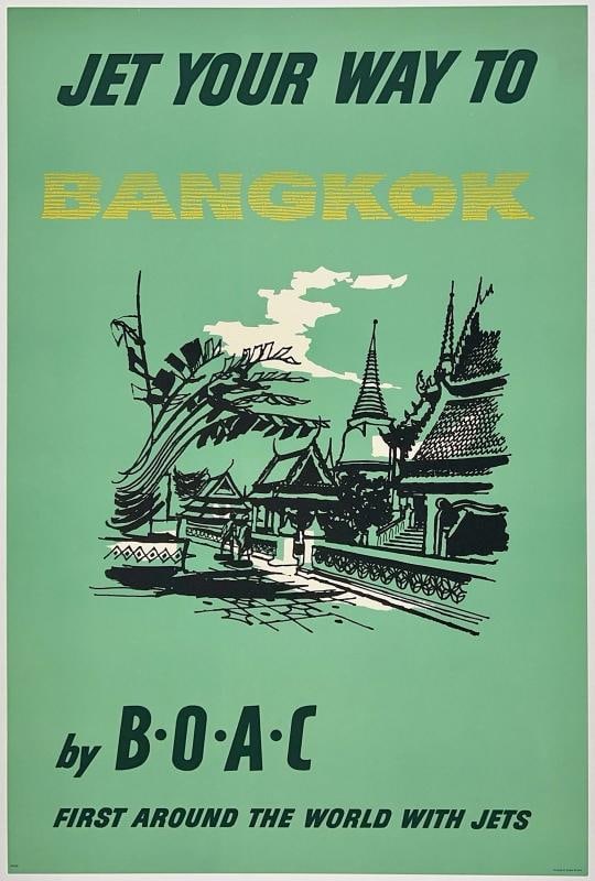 Original Vintage Poster JET YOUR WAY TO BANGKOK BY BOAC Airline Travel LINEN (1 of 5)