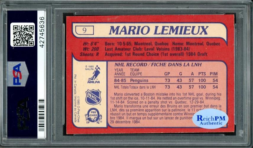 Mario Lemieux Signed 1985-86 O-PEE-CHEE RC 9 Penguins PSA/DNA #42745636 - 2