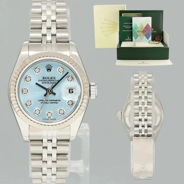PAPERS Mint Ladies Rolex 79174 DateJust 26mm Glacier Blue Diamond Fluted Bezel (1 of 7)