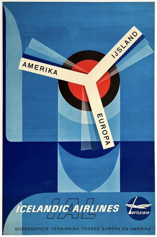 Original Vintage Poster ICELANDIC AIRLINES LOFTLEIDIR Airline Travel Tourism OL (1 of 5)