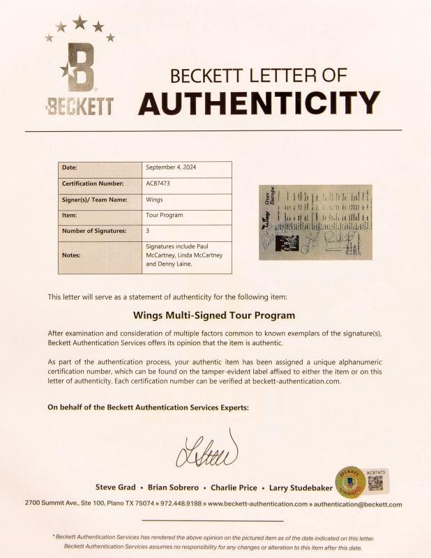(3) Linda & Paul McCartney, Denny Lane Signed Wings Over Europe Tour Program BAS - 9