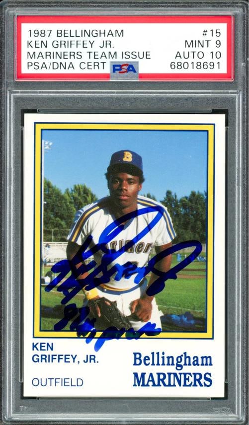 Ken Griffey Jr. Signed 1987 Bellingham RC #15 Mariners PSA 9 Auto GM 10 PSA/DNA: Condition: Graded - PSA 9: Professionally graded ,Sport: Baseball,Product: Card,Object Type: Trading Card,Player/Athlete: Ken Griffey Jr,Team: Seattle Mariners,Signed By: Ken Griffey Jr,Autographed: Y