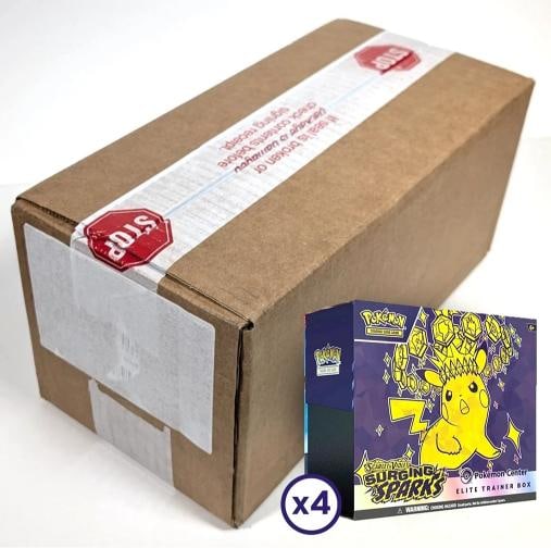 Pokemon Center Surging Sparks PC ETB Elite Trainer Box Case of 4 Factory Sealed: Condition: New/Factory Sealed: A brand-new, unused, unopened, undamaged item (including handmade items). ,Convention/Event: PokÃƒÂ©mon League,Card Size: Standard,Autographed: No,Se