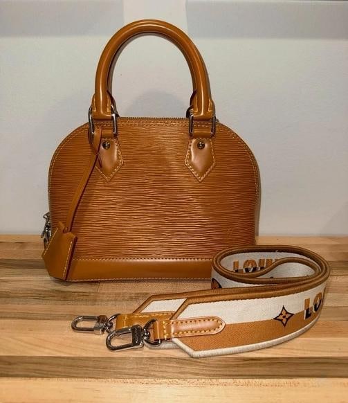 Louis Vuitton Alma Shoulder Bag BB Gold Miel Epi Leather with Canvas Strap: Condition: Pre-owned - Good,Bag Width: 9.25 in,Bag Height: 7 in,Closure: Zip,Size: BB,Lining Material: Microfiber,Hardware Color: Silver,Bag Depth: 4.25 in,Exterior Material: Leather,Brand: Louis