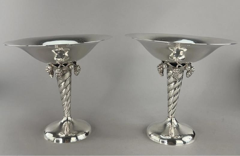 Pair Arts Crafts Sterling Silver Handwrought DeMatteo Grape Compotes Bowls - 8