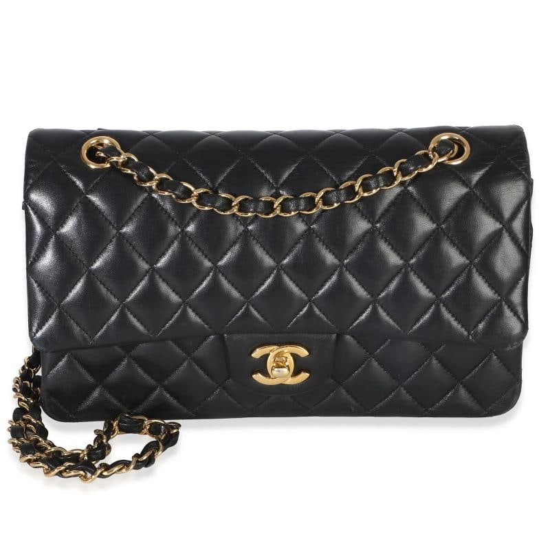 Chanel Black Quilted Lambskin Medium Classic Double Flap Bag: Condition: Pre-owned - Good,Dimensions: 9.5 x 6 x 2.25,Handbag Accessories: None,Bag Width: 9.5 in,Bag Depth: 2.25 in,Bag Height: 6 in,Department: Unisex,Style: Shoulder Bag,Material: Leather,Color: