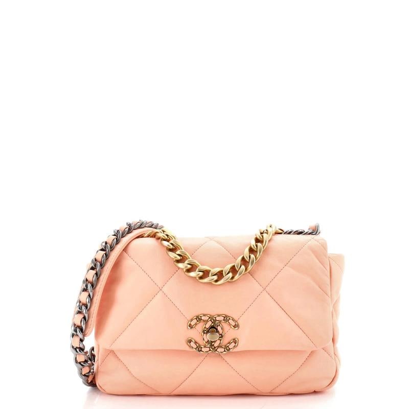 Chanel 19 Flap Bag Quilted Leather Medium: Measurements: Handle Drop 3", Height 6.5", Width 10", Depth 3.5", Strap Drop 19" . Condition: Pre-owned - Good,Brand: Chanel,Exterior Material: Leather,Style: Cross Body Bags,Exterior Color: Pink,Depa