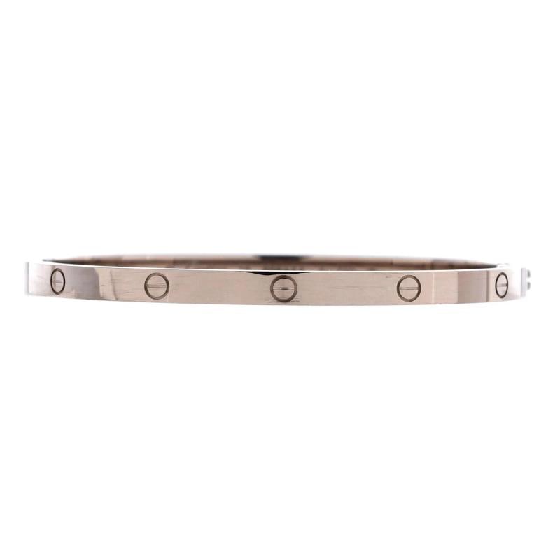 Cartier Love Bracelet 18K White Gold Small: Measurements: Circumference: 5.80 ", Width: 3.65 mm . Condition: Pre-owned - Good,Brand: Cartier,Main Stone: Unknown,Metal: 18K White Gold,Metal Purity: 18K,Style: Bracelet,Type: Bracelet,Color: White