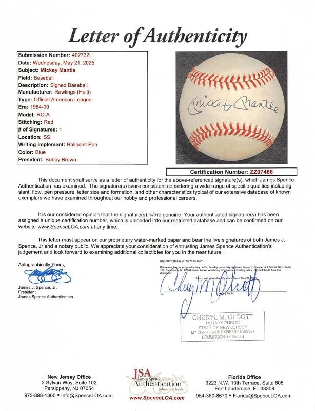 Yankees Mickey Mantle Authentic Signed Bobby Brown OAL Baseball JSA - 8