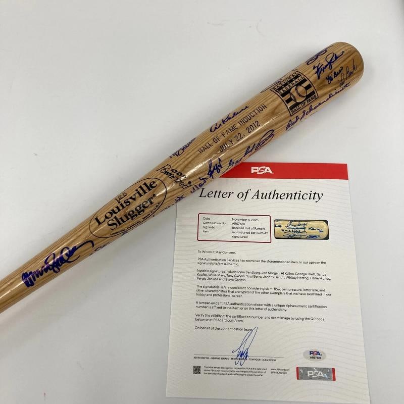 2012 Hall Of Fame Induction Multi Signed Baseball Bat 42 Sigs Sandy Koufax PSA: 42 signatures with: SANDY KOUFAX TONY GWYNN WILLIE MAYS ROBERTO ALOMAR JOHNNY BENCH YOGI BERRA BERT BLYLEVEN WADE BOGGS GEORGE BRETT LOU BROCK JIM BUNNING STEVE CARLTON ANDRE DAWSON DENNIS ECKERSLEY R