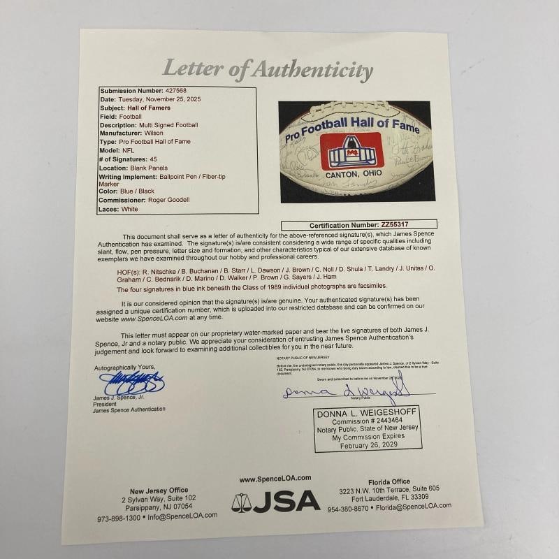 1989 HOF Induction Signed Football 45 Sigs Johnny Unitas Bart Starr Landry JSA - 2