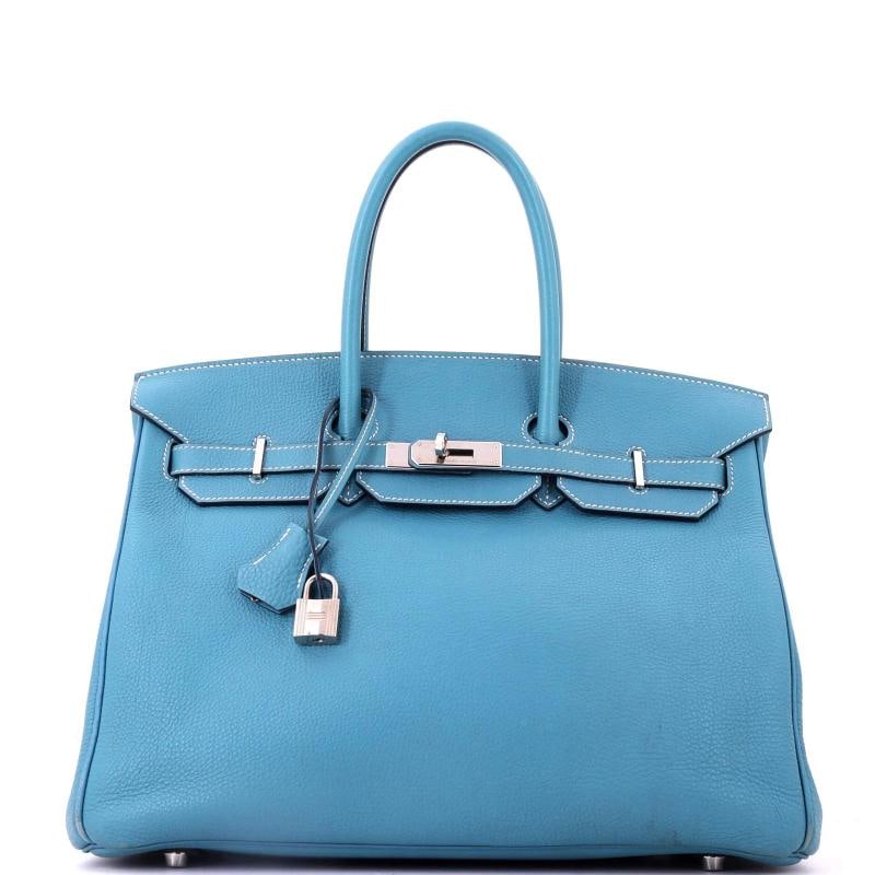Hermes Birkin Handbag Blue Togo with Palladium Hardware 35: Accessories: Lock, Keys, Clochette Measurements: Handle Drop None", Height 10", Width 13.5", Depth 7", Strap Drop None". Condition: Pre-owned - Good,Brand: Hermes,Exterior Material: Leather,Style: