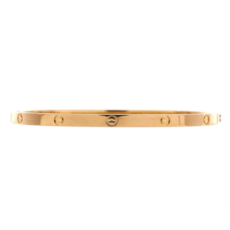 Cartier Love Bracelet 18K Yellow Gold Small: Measurements: Circumference: 6.75 ", Width: 3.6 mm . Condition: Pre-owned - Good,Brand: Cartier,Main Stone: Unknown,Metal: 18K Yellow Gold,Metal Purity: 18K,Style: Bracelet,Type: Bracelet,Color: