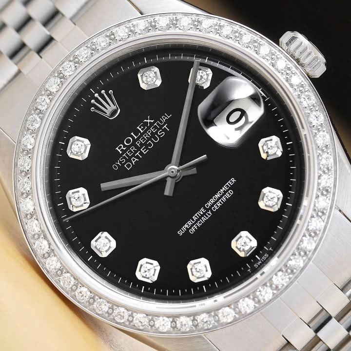 ROLEX MENS DATEJUST BLACK DIAL 18K GOLD STEEL DIAMOND WATCH w/ JUBILEE BAND: This is an authentic Rolex Datejust 1603 watch with Rolex dial Ref. with added genuine diamond markers, custom 18K white gold diamond bezel, and custom stainless steel jubilee bracelet. Descriptions: 