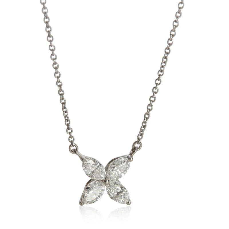 Tiffany & Co. Platinum Diamond Large Model Victoria Pendant: Condition: Pre-owned - Good,Clasp/Buckle Type: Spring Ring,With Original Box/Packaging: Yes,Side Stone Type: Diamond,Side Stone Weight (cts): 0.81,Metal Purity: 950,With Papers: No,Gross Weight (grams