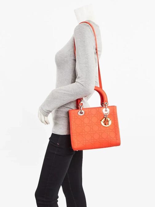 Christian Dior Orange Matte Cannage Quilted Calfskin Leather Medium Lady Dior... - 2