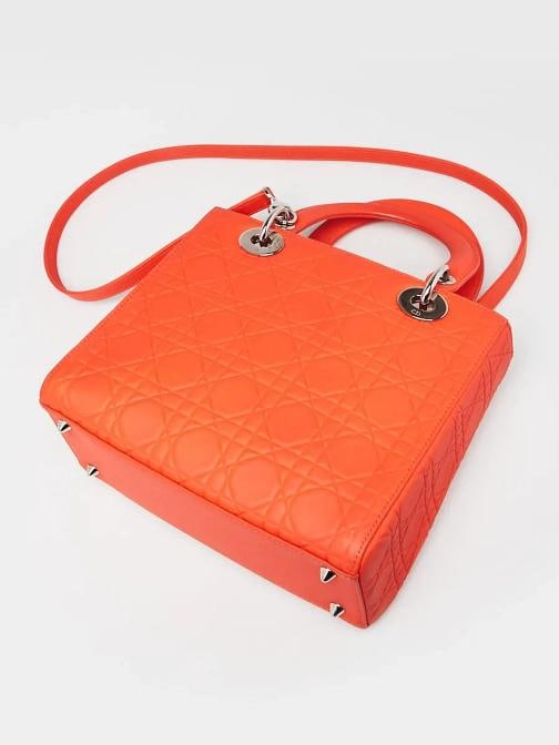 Christian Dior Orange Matte Cannage Quilted Calfskin Leather Medium Lady Dior... - 3