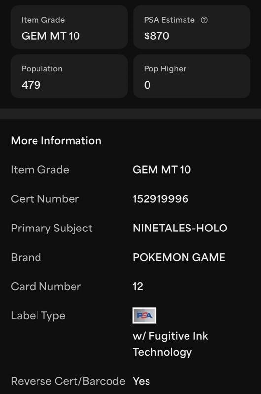 NINETALES HOLO 12/102 - 1999 BASE SET POKEMON CARD - POP 480* PSA 10 GEM MINT Ã°Å - 7