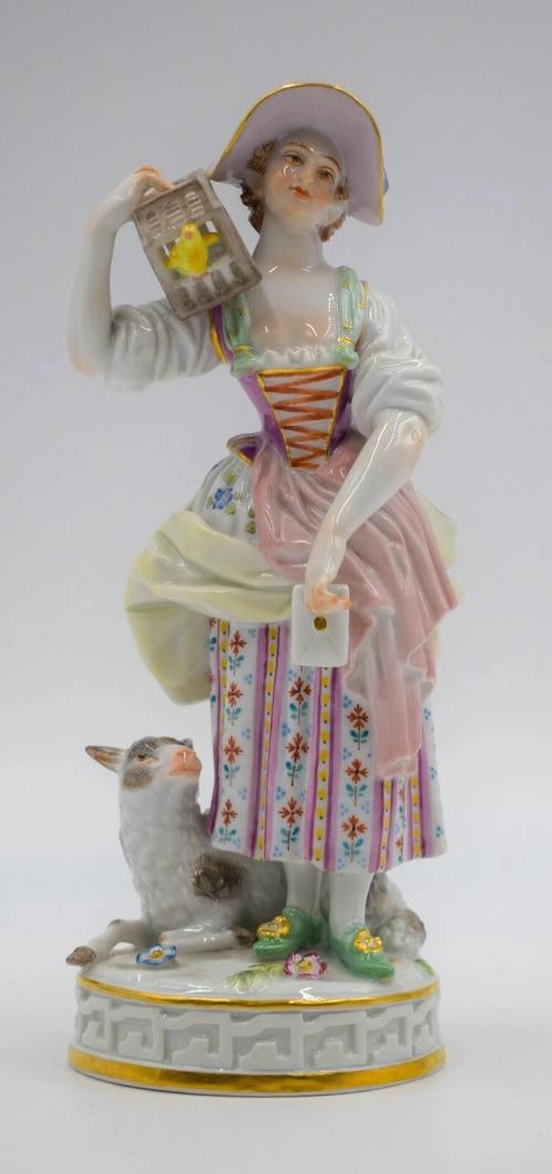 Meissen 19th Century Figure of a Woman with Bird Cage: Type: Figurine,Subject: Women,Brand: Meissen,Model: Figure,Country of Origin: Germany