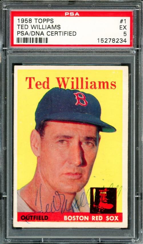 Ted Williams Autographed 1958 Topps Card #1 Boston Red Sox PSA/DNA #15278234: Condition: Ungraded - Very good: Not in original packaging or professionally graded ,Player/Athlete: Ted Williams,Player: Ted Williams,Team: Red Sox,Sport: Baseball,Product: Card,Autographed:
