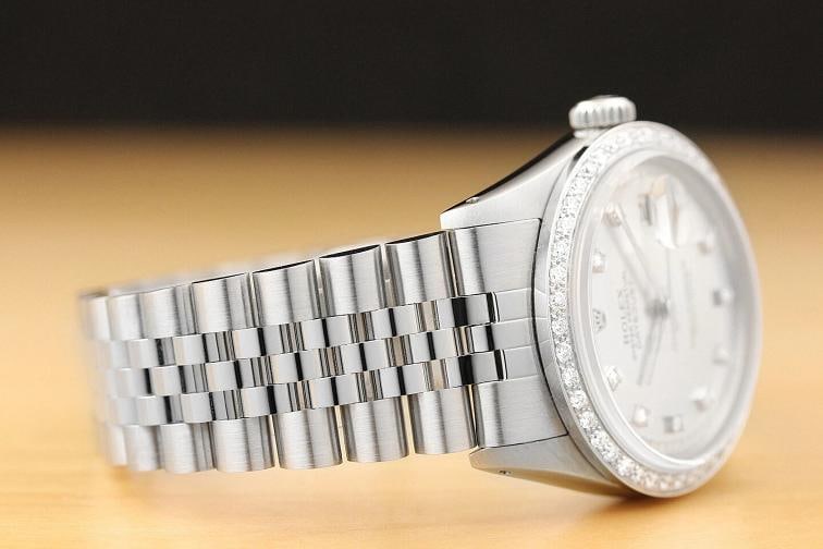 MENS ROLEX DATEJUST 1603 SILVER DIAL DIAMOND BEZEL 18K WHITE GOLD & STEEL WATCH - 6
