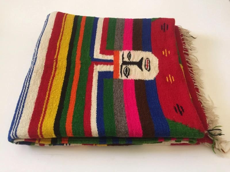 VINTAGE 1960'S HAND WOVEN MAYAN ZAPOTEC MEXICO MULTICOLOR WOOL BLANKET - 8