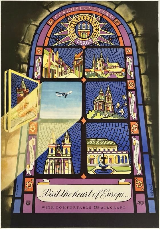 Original Vintage Poster CSA HEART OF EUROPE PRAGUE Airline Travel Czech LINEN: Condition: Used,Type: Poster,Country of Origin: Czech Republic Condition: Very Good / Good * (linen backed; restored edge and corner wear, tears, creasing, crinkling, small losses; the damage is most 
