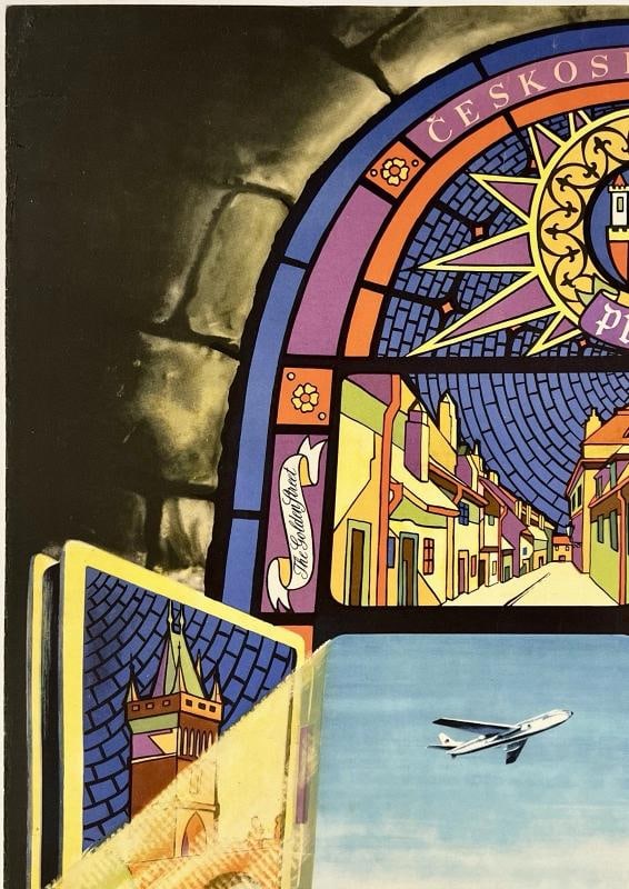Original Vintage Poster CSA HEART OF EUROPE PRAGUE Airline Travel Czech LINEN - 2
