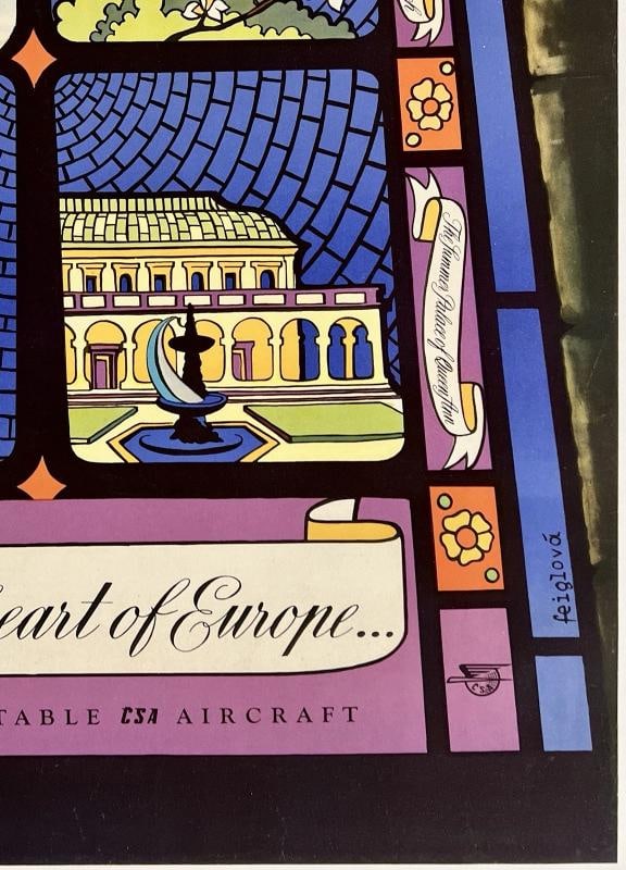 Original Vintage Poster CSA HEART OF EUROPE PRAGUE Airline Travel Czech LINEN - 5