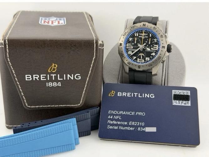 2026 Breitling Endurance Pro NFL Chargers E82310 44mm Titanium Box Paper: Condition: Pre-owned - Excellent,Bezel Color: Silver,Movement: Quartz,Year Manufactured: 2026,With Papers: Yes,Band/Strap: Two-Piece Strap,Reference Number: E82310, E823106A1BES1,Brand: