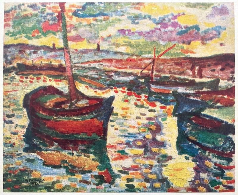 GEORGES BRAQUE RARE 1948 FAUVISM LMT ED FRENCH LITHOGRAPH PRINT LES BARQUES 1906: THE LITHOGRAPH PRINT PLATE IMAGE MEASURES 8 3/4" W X 7 1/4" H, ON A PAGE THAT IS 10 7/8" W X 14 7/8" H. THE PRINT IS ATTACHED TO THE PAGE WITH A METHOD CALLED " TIPPING " WHERE IT IS ATTACHED BY HAND