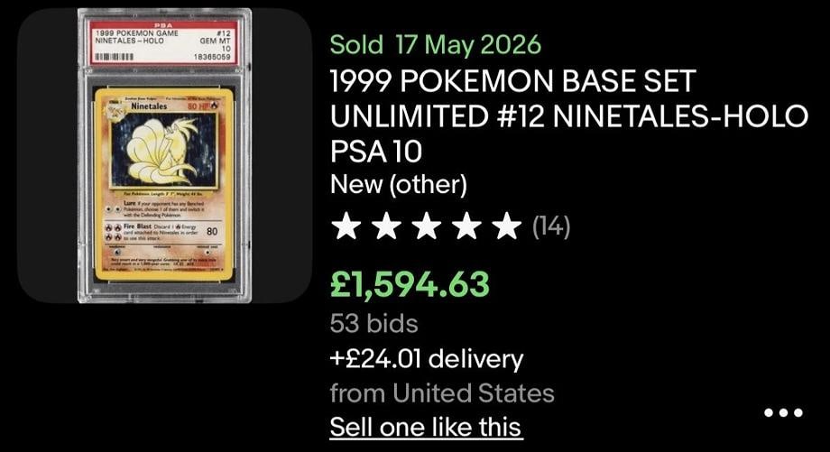 NINETALES HOLO 12/102 - 1999 BASE SET POKEMON CARD - POP 480* PSA 10 GEM MINT Ã°Å - 12