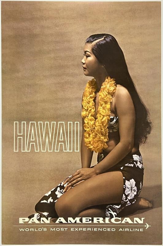 Original Vintage Poster HAWAII PAN AM WORLD'S MOST EXPERIENCED AIRLINE Travel OL: Dimensions: 28 x 42.4 in. / 71.1 x 107.7; Circa: 1970 Original vintage "HAWAII - PAN AM - WORLD'S MOST EXPERIENCED AIRLINE" travel poster, designed by an anonymous artist, and printed circa 1970.