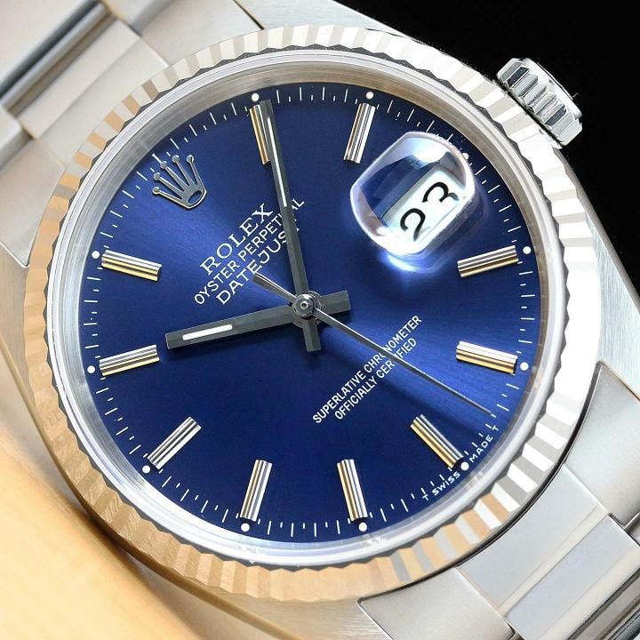 ROLEX MENS DATEJUST 16234 BLUE DIAL 18K WHITE GOLD STEEL WATCH w/ OYSTER BAND: Condition: Pre-owned - Excellent,Bezel Color: Silver,Max Wrist Size: 7.26-7.5 in,Number of Jewels: 31 Jewels,Indices: Stick Indexes, 12-Hour Dial,Bezel: Rolex 18K White Gold Fluted Bezel,Band/Strap: