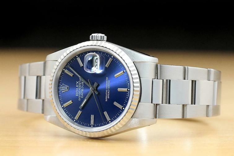 ROLEX MENS DATEJUST 16234 BLUE DIAL 18K WHITE GOLD STEEL WATCH w/ OYSTER BAND - 2