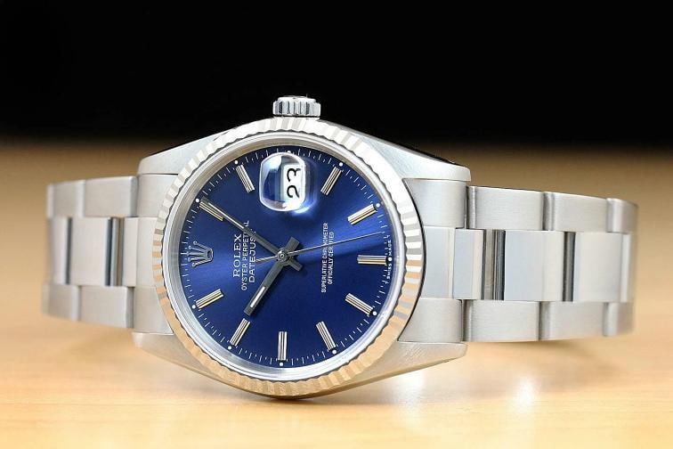 ROLEX MENS DATEJUST 16234 BLUE DIAL 18K WHITE GOLD STEEL WATCH w/ OYSTER BAND - 3