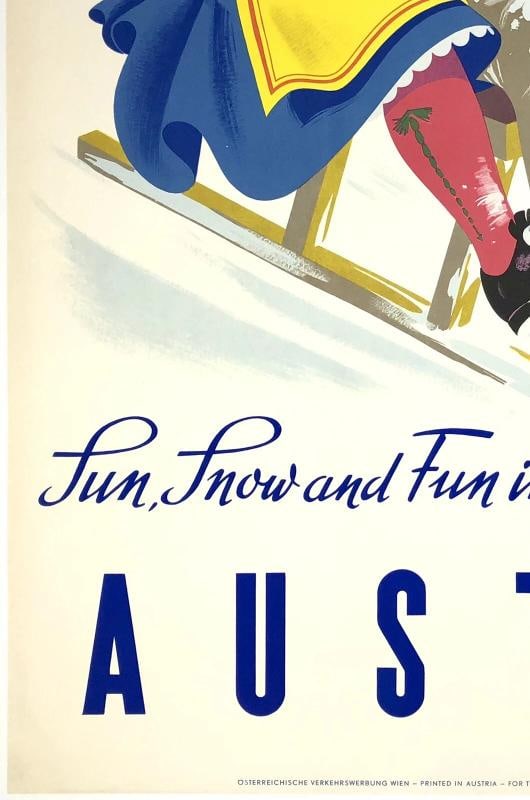 Original Vintage Poster SUN SNOW FUN IN AUSTRIA Mid Century Travel Tourism LINEN - 4