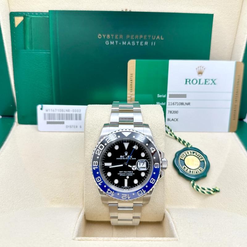 2017 Rolex GMT Master II Batman 116710BLNR 40mm Black Blue Bezel Steel Box Paper: Style Number: 116710BLNR Year: 2017 Model: Rolex GMT Master II 'Batman' Case Material: Stainless Steel Band: Stainless Steel Bezel: Black & Blue Ceramic Dial: Black Crystal: Sapphire Case Size: 40mm